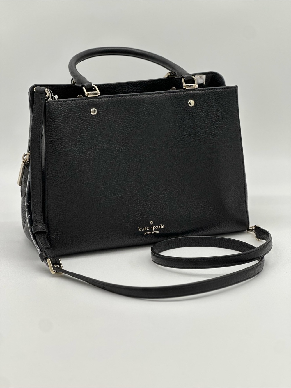 kate spade Black Pebbled Leather Structured Satchel with Gold Hardware